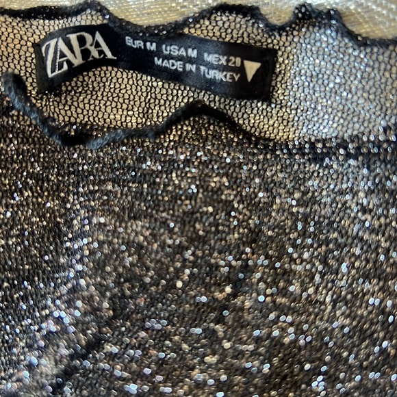 Zara Sheer Mock Neck Long Sleeve Black Metallic Top Medium - Picture 4 of 6